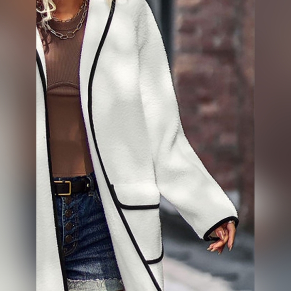 Full Size Contrast Trim Long Sleeve Coat with Pockets - Picture 3 of 5